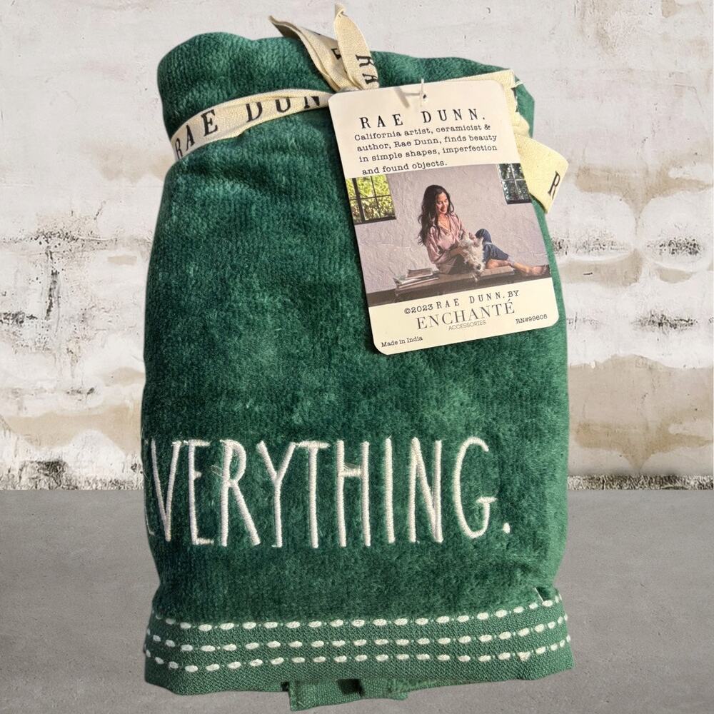 Rae Dunn Green Towels with White Embroidery "MERRY EVERYTHING" NWT